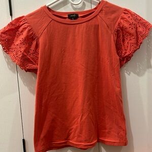 Ontwelfth Coral Blouse With Ruffle Eyelet Sleeves